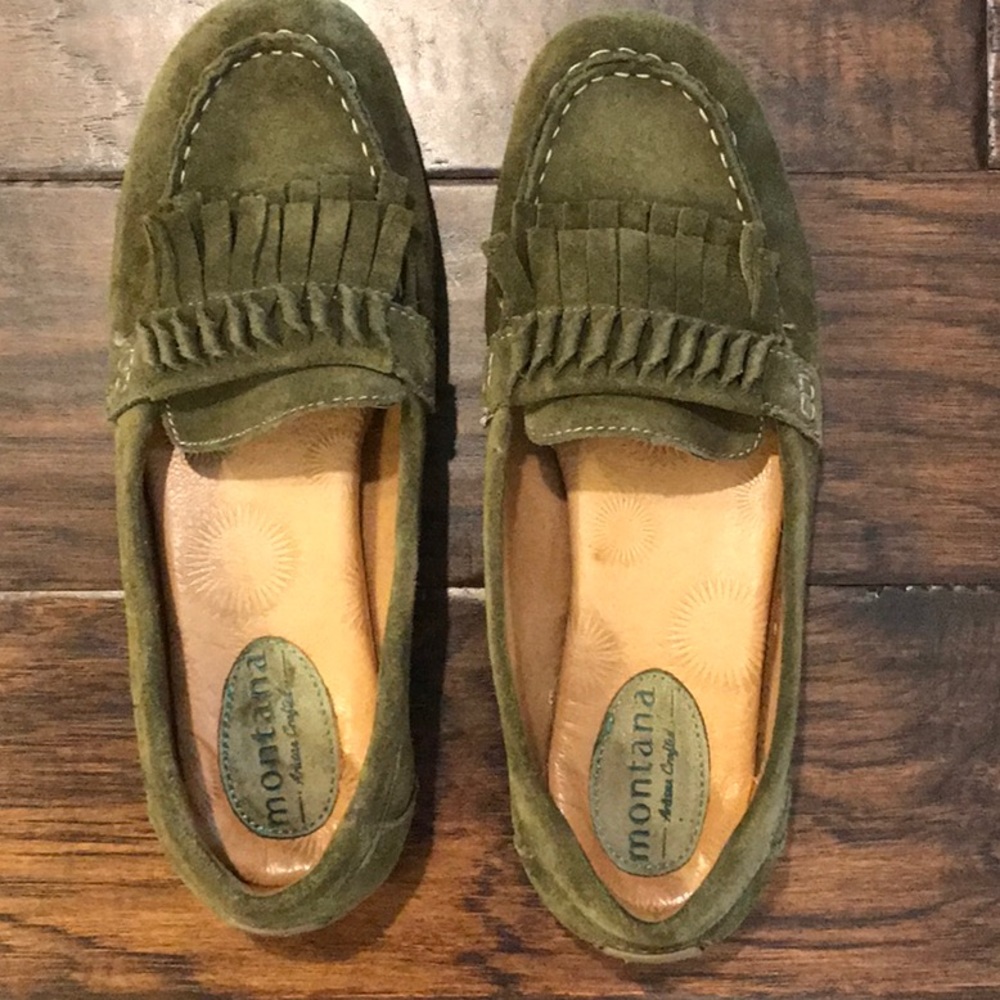 Army green suede loafers Size 10
